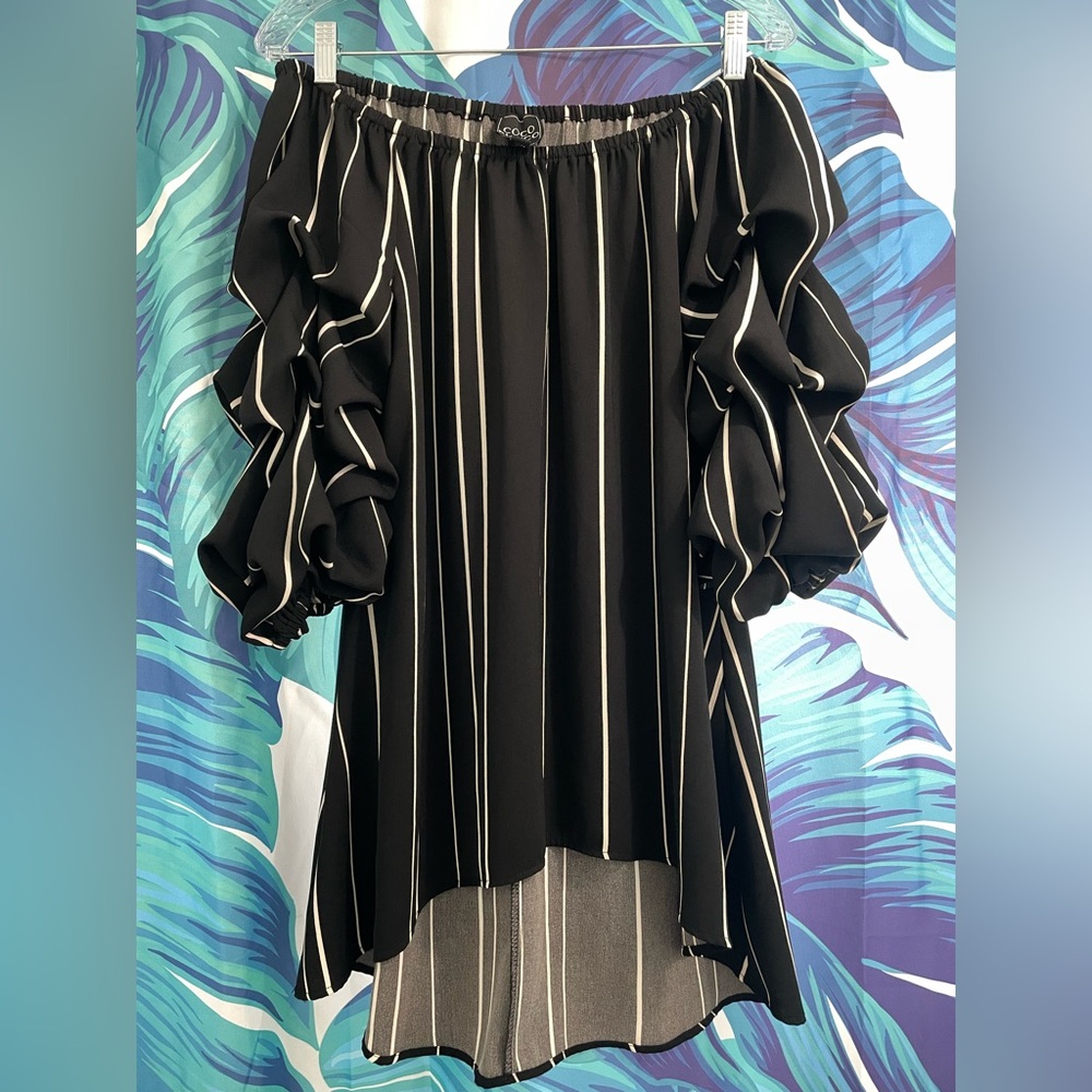 Coco Bianco Black and White Striped Off-Shoulder Ruffle Sleeve